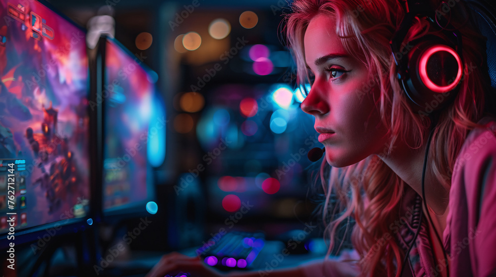 Intense Gamer Engaged in Online Play at a High-Tech Setup Intense Gamer Engaged in Online Play at a High-Tech Setup
