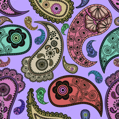 Hand draw seamless pattern with arabic, oriental, indian motiv. Traditional ornament, paisley