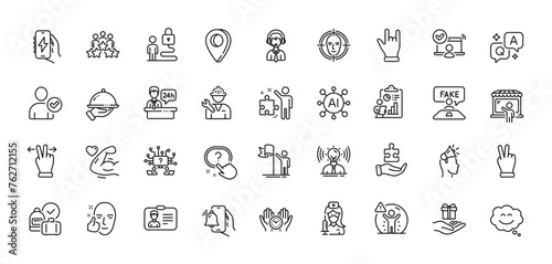 Brand ambassador, Social distance and Alarm clock line icons pack. AI, Question and Answer, Map pin icons. Shipping support, Victory hand, Strong arm web icon. Vector