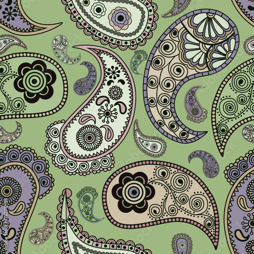 Hand draw seamless pattern with arabic, oriental, indian motiv. Traditional ornament, paisley