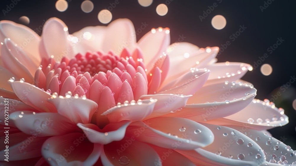 a close up of a pink flower with drops of water on the petals and on the petals is a black background. a close up of a pink flower with drops of water on the petals and on the petals is a black background.