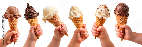Set of different ice creams in a children's hand, isolated on a white or transparent background. Close-up, vanilla and chocolate ice cream in a waffle cup, side view. Graphic element
