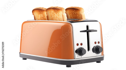 A toaster with four slices of bread popping up golden brown