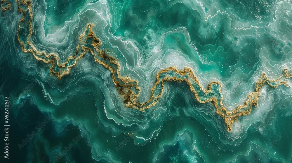 An aerial photo showing gold & blue water swirls An aerial photo showing gold & blue water swirls