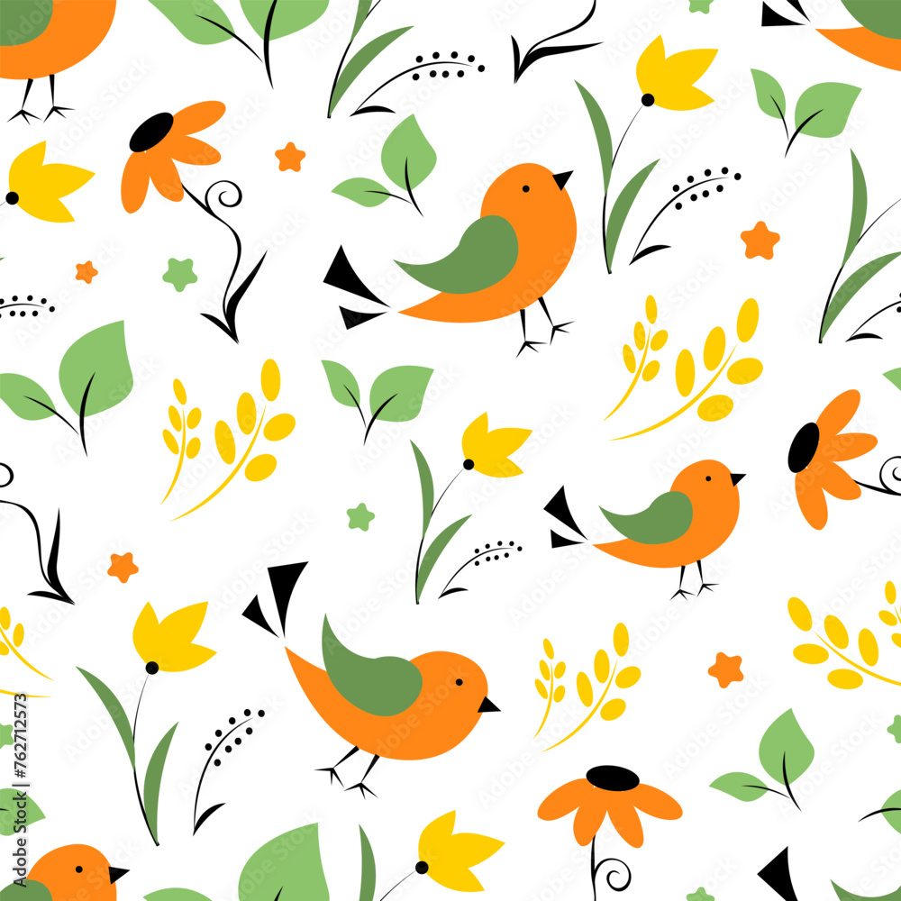 Seamless pattern with birds on a white background