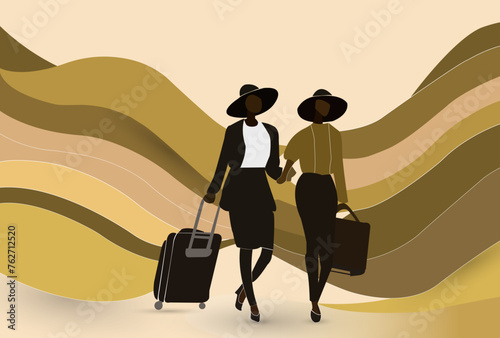 Two African women, travelling together with suitcases, minimalist illustration isolated on curved lines background. Pastel rose, beige and brown colors.