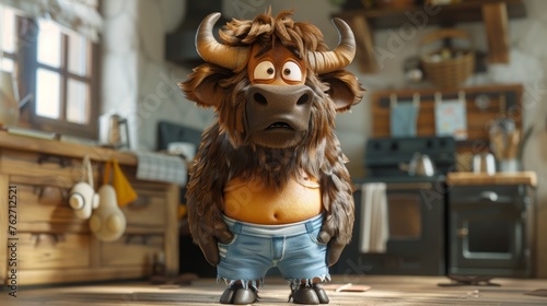 Cartoon character of a bull in clothes. 3d illustration