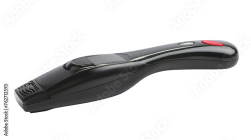 A close-up of a sleek black object contrasting against a clean white background