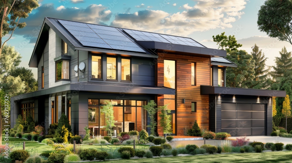 Sun s energy harnessed by solar panel on modern house roof for sustainable power generation Sun s energy harnessed by solar panel on modern house roof for sustainable power generation