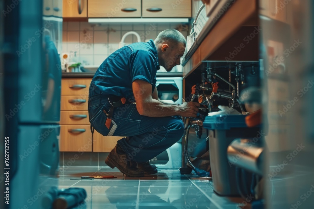 Plumber in uniform repairing a leak under the sink in a home with tools around. Horizontal composition.