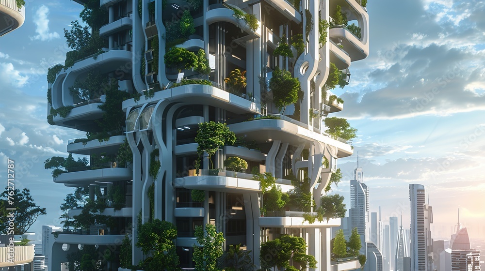 A visionary luxury flat building with a futuristic design, boasting innovative features such as automated facades, sustainable materials, and green rooftops, setting new standards for urban living.