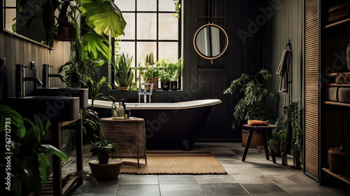 A bathroom with a large bathtub and a mirror. The bathroom is decorated with plants and has a natural, earthy feel