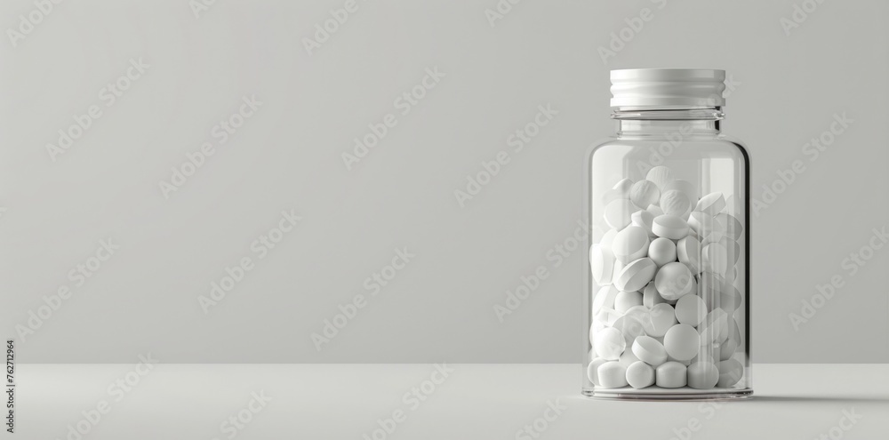 bottle of white pills on grey background with copy space bottle of white pills on grey background with copy space