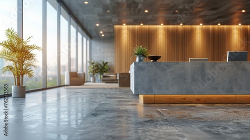  Reception area featuring a sizable window and a potted plant placed centrally on the counter, occupying the entire room