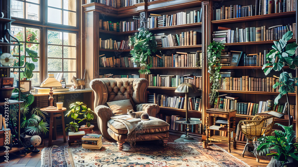Vintage Library Ambiance, Classic Book Collection in a Cozy Reading Room, Intellectual Retreat with Antique Charm