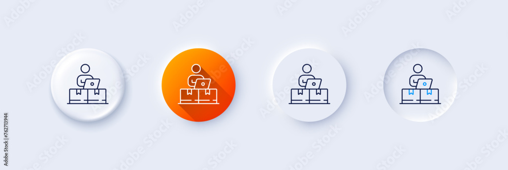 Online storage line icon. Neumorphic, Orange gradient, 3d pin buttons. Internet delivery sign. Mobile device service symbol. Line icons. Neumorphic buttons with outline signs. Vector