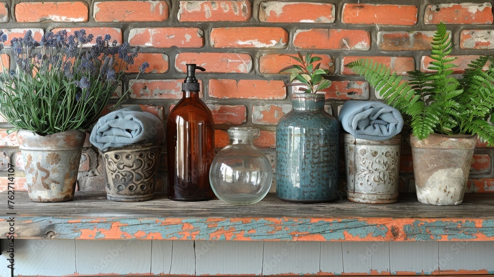  Shelf filled with vases, bottles; brick wall background