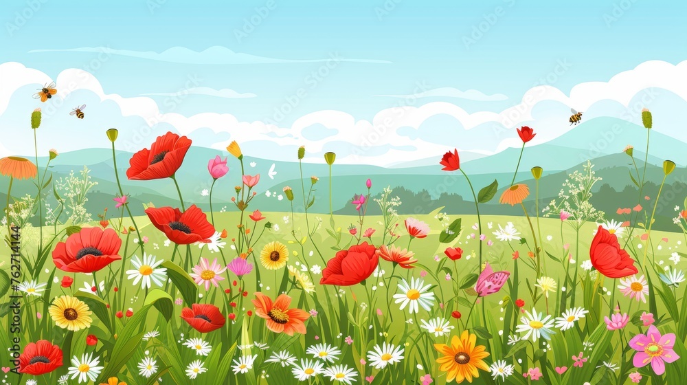 Vibrant flower fields with sunflowers, poppies, daisies, bees, and butterflies in nature landscape.