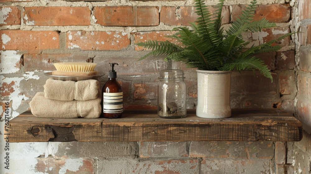  A wooden shelf holds a potted plant, soap dispenser, and bottle of lotion - obrazy, fototapety, plakaty 