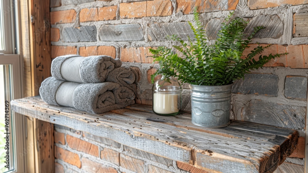A windowsill with towels and a potted plant on it, near a window sill A windowsill with towels and a potted plant on it, near a window sill