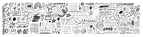 Hand drawn various doodle shapes, pencil arrows, stars, hearts and crown. Charcoal pencil scribble lines.