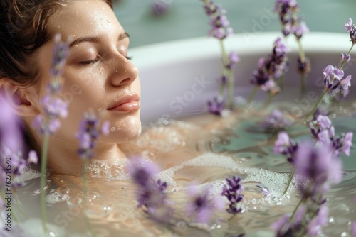 Woman takes an aromatic bath with added lavender oil
