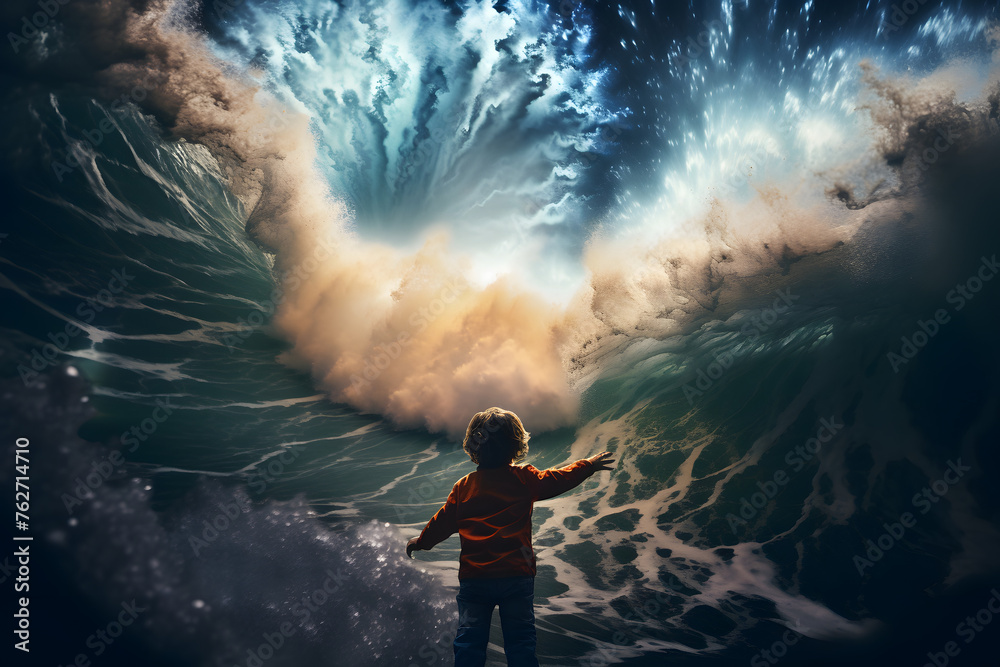 Obraz premium Kid standing in front of a massive wave, kid standing next to wave