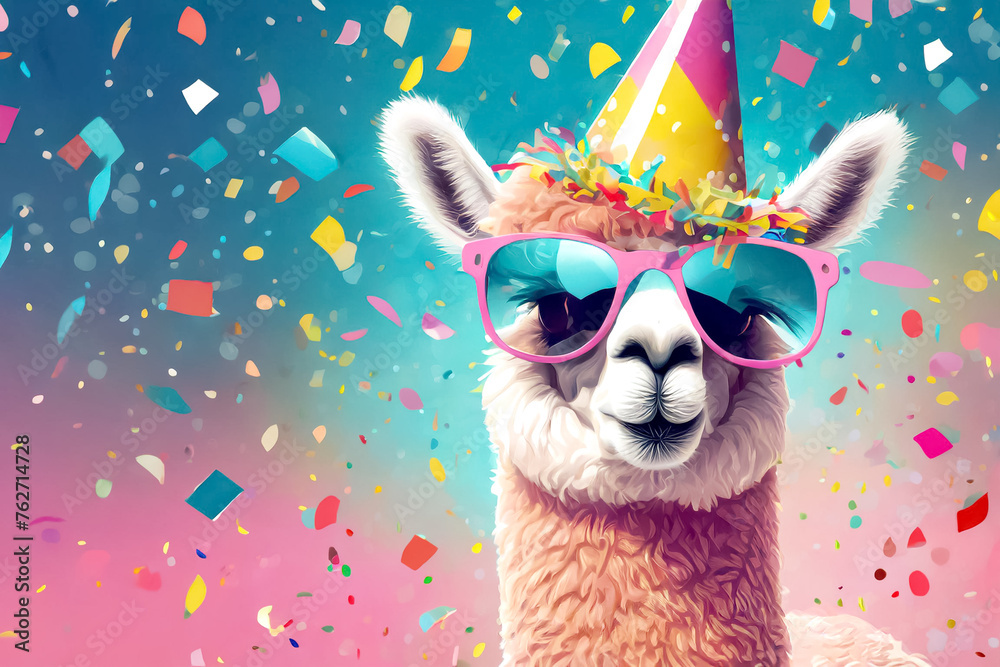 Obraz premium Alpaka mit Sonnenbrille und Partyhut, Konfetti im Hintergrund 
