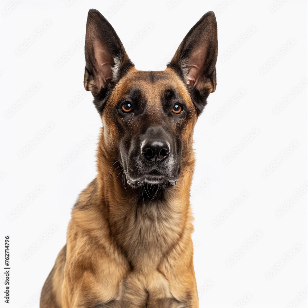 Belgian Malinois Dog. Police Pet Trained for Securicy. Cute Happy Adult Canine Sitting and Standing and Watching the Camera. German Shepherd on White Background. Sheepdog Animal Isolated on White.