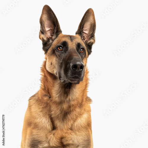 Belgian Malinois Dog. Sheepdog Animal Isolated on White. Police Pet Trained for Securicy. Cute Happy Adult Canine Sitting and Standing and Watching the Camera. German Shepherd on White Background.