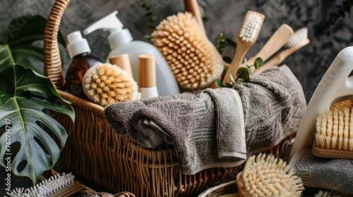 A basket filled with essential cleaning supplies including brushes, sponges, rubber gloves, and eco-friendly natural cleaning products