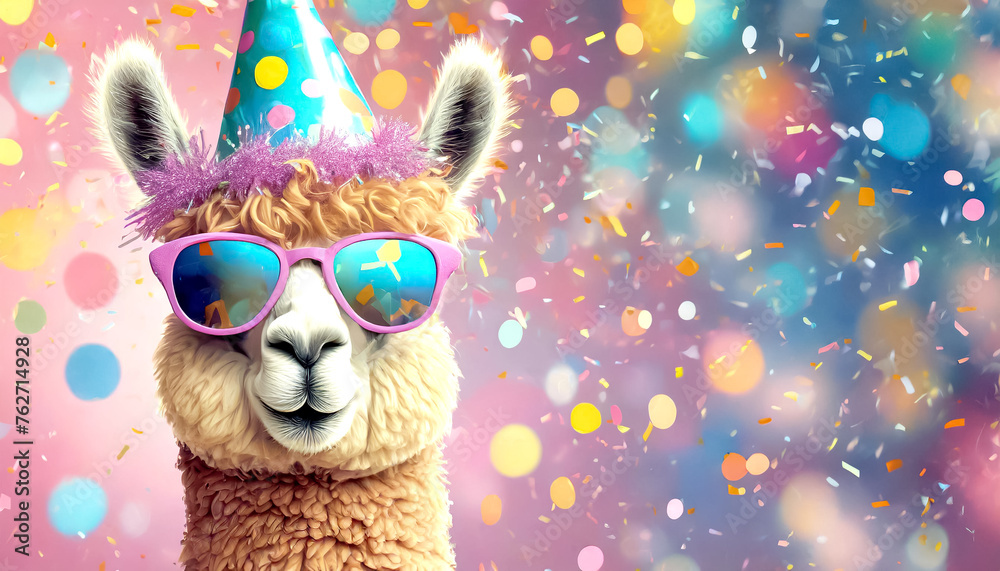 Fototapeta premium Alpaka mit Sonnenbrille und Partyhut, Konfetti im Hintergrund 