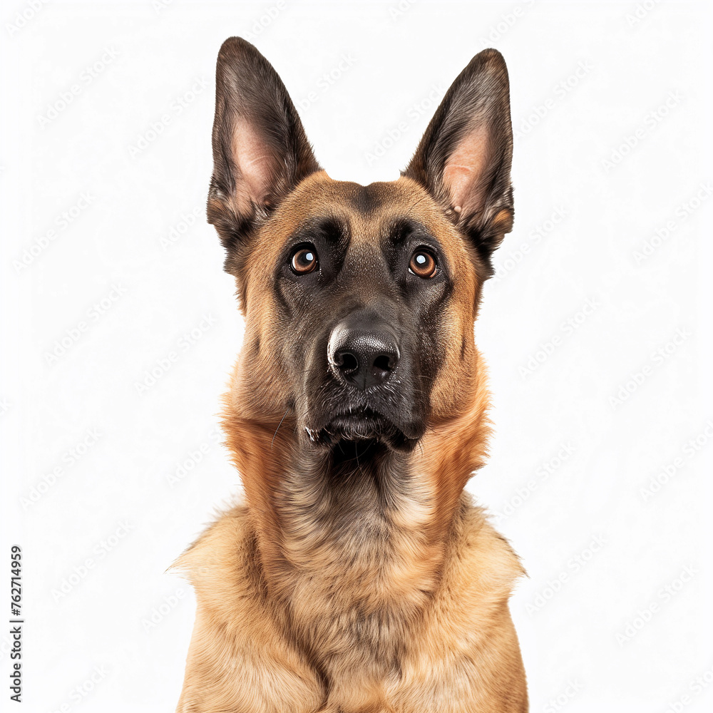 Belgian Malinois Dog. German Shepherd on White Background. Sheepdog Animal Isolated on White. Cute Happy Adult Canine Sitting and Standing and Watching the Camera. Police Pet Trained for Securicy.