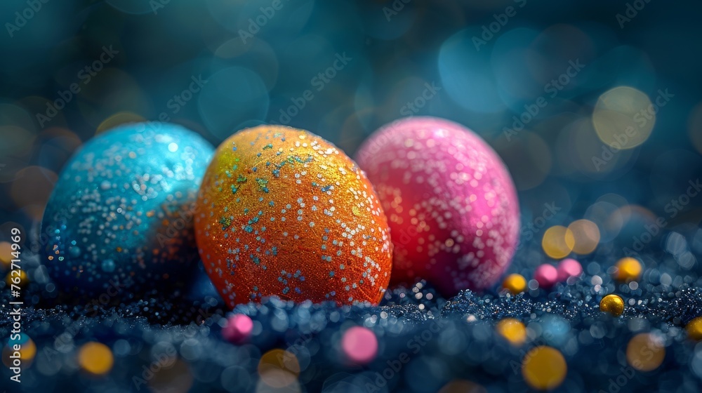 Three colorful eggs resting atop confetti-covered mound Three colorful eggs resting atop confetti-covered mound