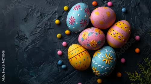  A set of colorful Easter eggs arranged on a table with scattered egg confetti around them