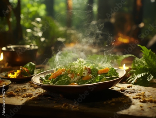 Plate of Food on Table Amidst Forest