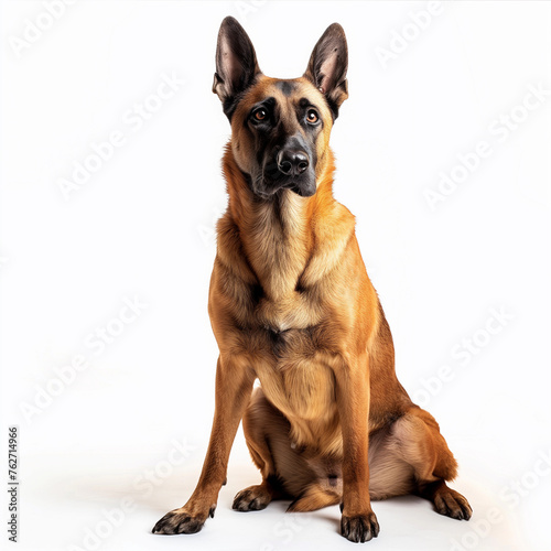 Belgian Malinois Dog. Sheepdog Animal Isolated on White. Police Pet Trained for Securicy. Cute Happy Adult Canine Sitting and Standing and Watching the Camera. German Shepherd on White Background.