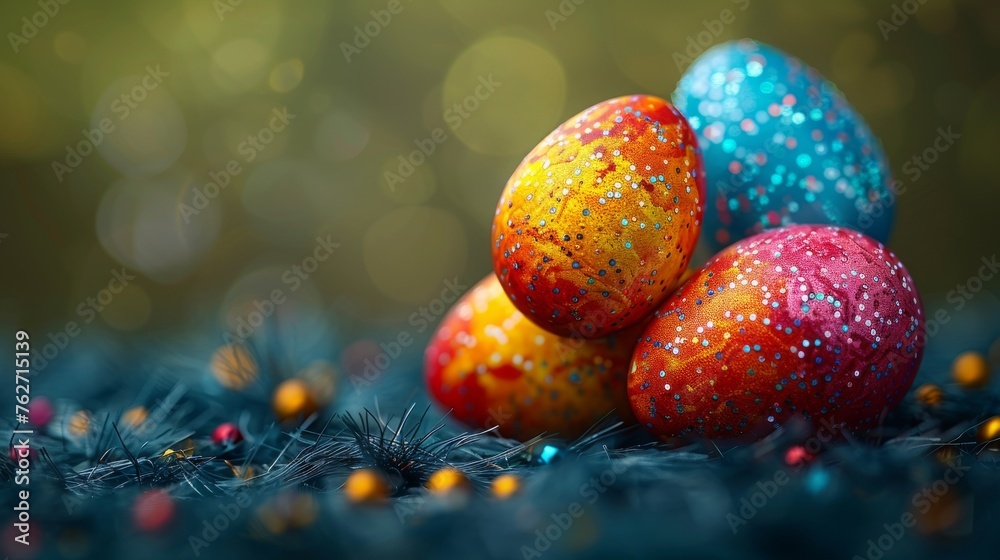 A cluster of vibrantly painted eggs perched atop a lush green lawn, speckled with tiny droplets A cluster of vibrantly painted eggs perched atop a lush green lawn, speckled with tiny droplets