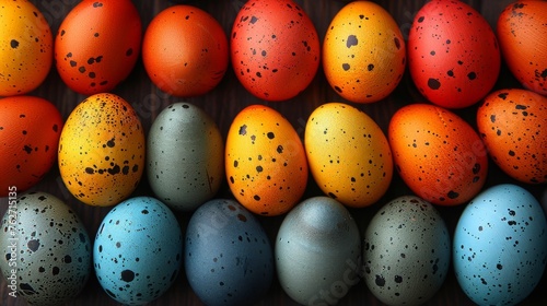  A multicolored cluster of eggs is placed on a wooden surface near a set of more colored eggs