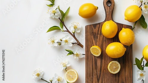 A refreshing composition features lemons, a wooden cutting board