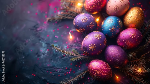  A cluster of embellished eggs resting beside a Christmas tree with a flickering candle at its center