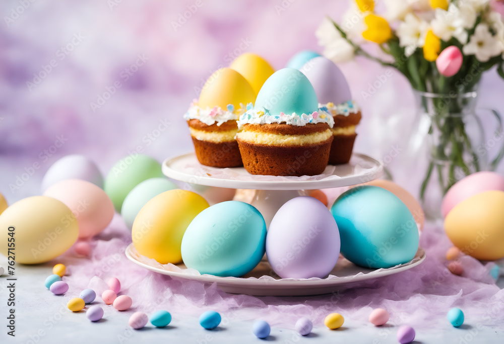 Easter pastel colored eggs and cake