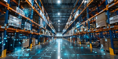 Efficient management of a smart warehouse network in a modern tech industry. Concept Smart Warehouse Technology, Inventory Tracking Systems, Automated Logistics, Robotics in Warehousing