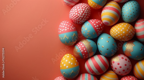  Brightly-colored Easter eggs on a pink, orange background with gold speckles and polka dots