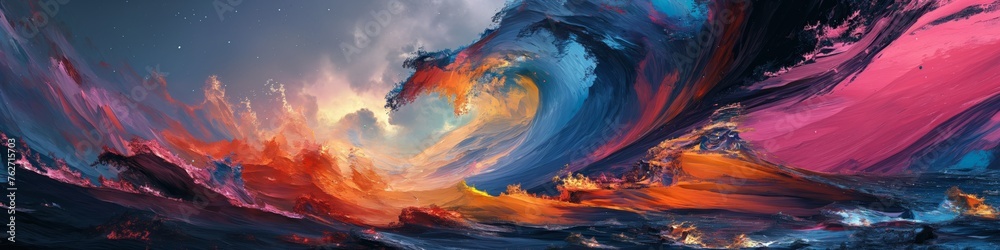 Dynamic abstract oil painting with vibrant waves and fiery textures