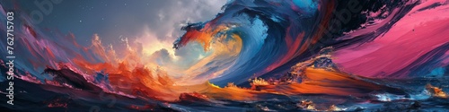 Dynamic abstract oil painting with vibrant waves and fiery textures