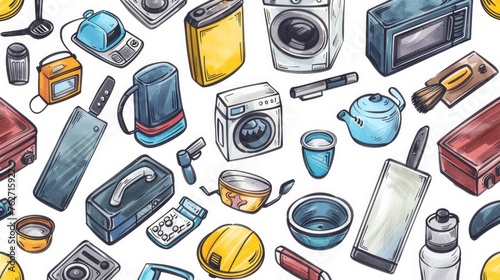 A seamless pattern featuring hand-drawn illustrations of various household appliances