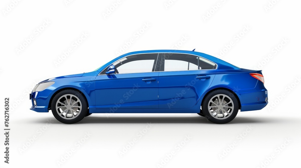 A passenger blue car is crisply isolated on a white background