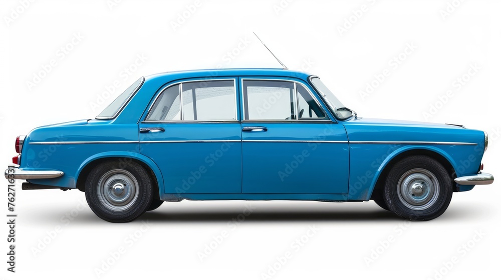 A passenger blue car is crisply isolated on a white background