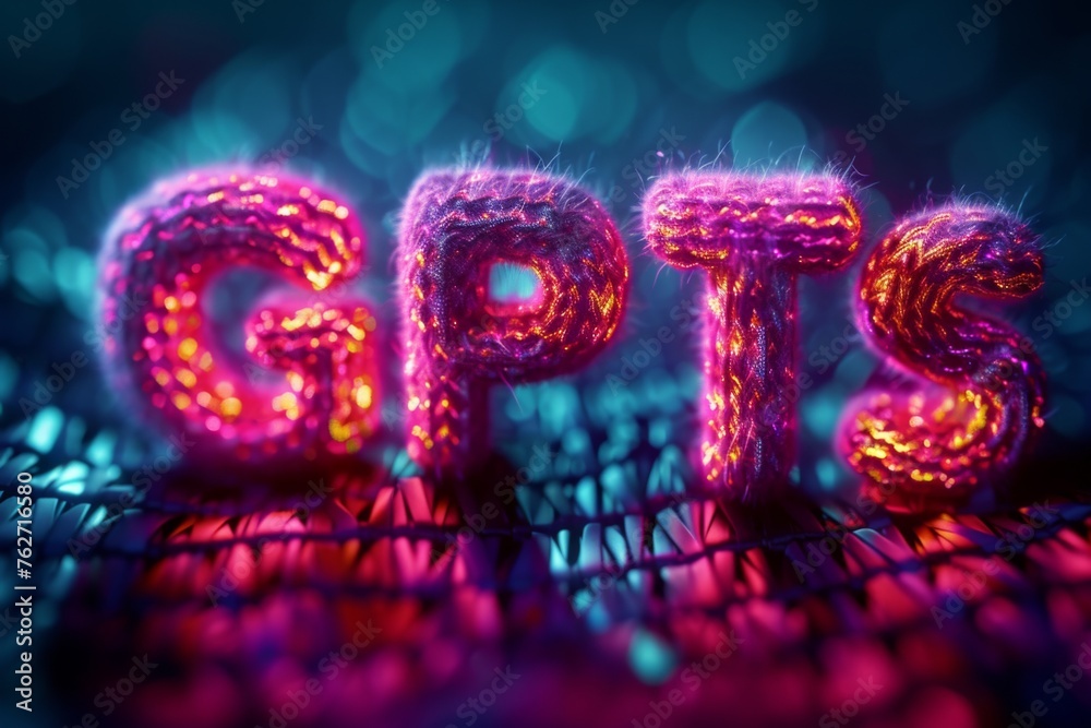 Vibrant knitted-style 'GPTs' text in luminescent colors on a dark mesh background, invoking digital creativity